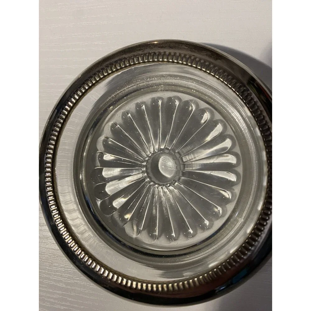 Set of 4 Vintage Silver Rim Glass Coasters Starburst Pattern MCM Italy